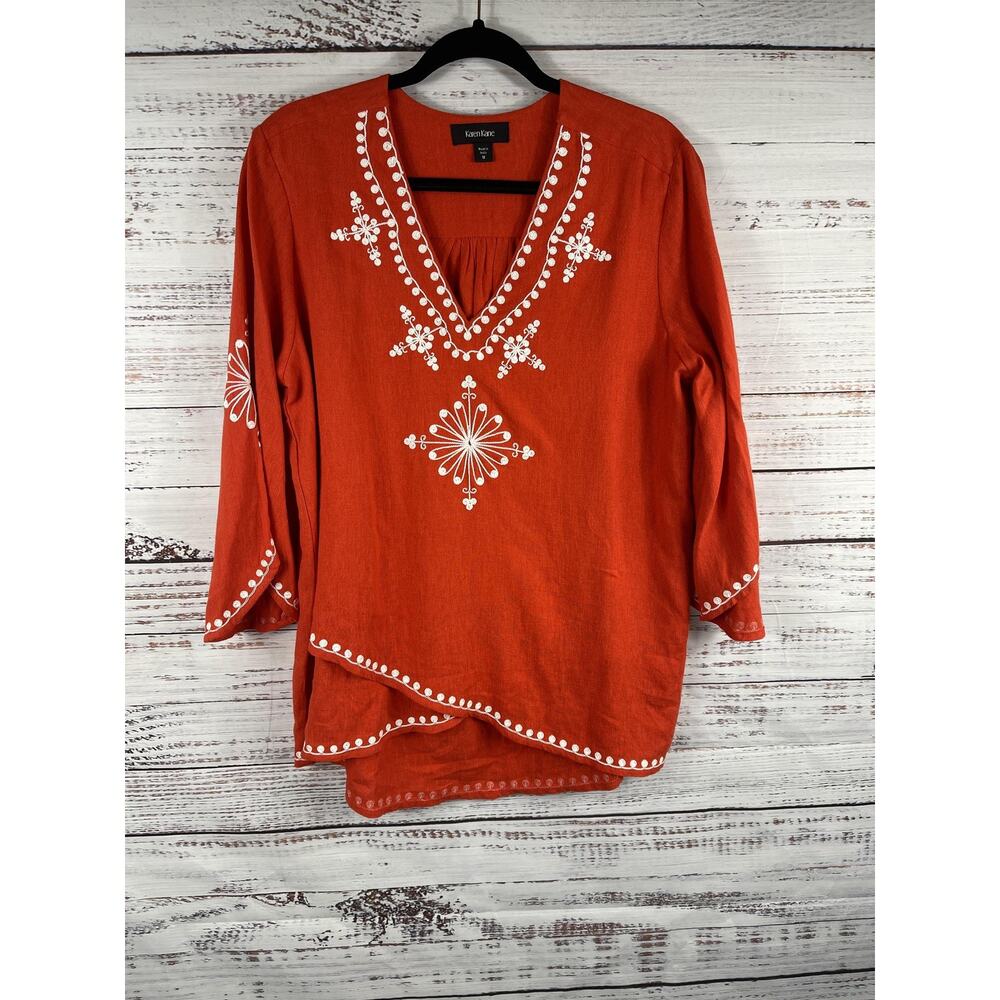 Karen Kane Shirt Womens Medium Orange Linen Embroidered Tunic Top 3/4 Sleeve